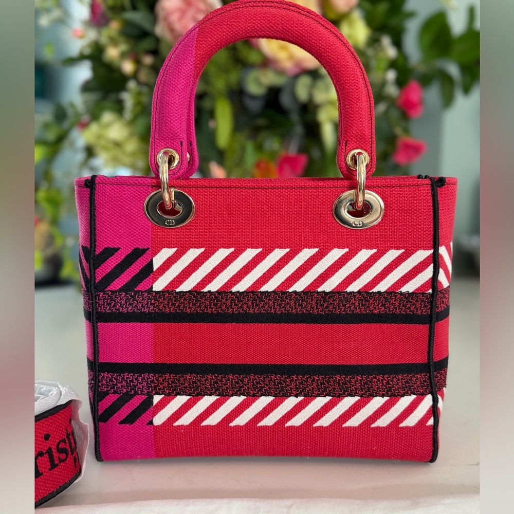 DIOR Dior D-Lite Shoulder Bag Pink & Red Canvas ~ NEVER WORN - Picture 2 of 15